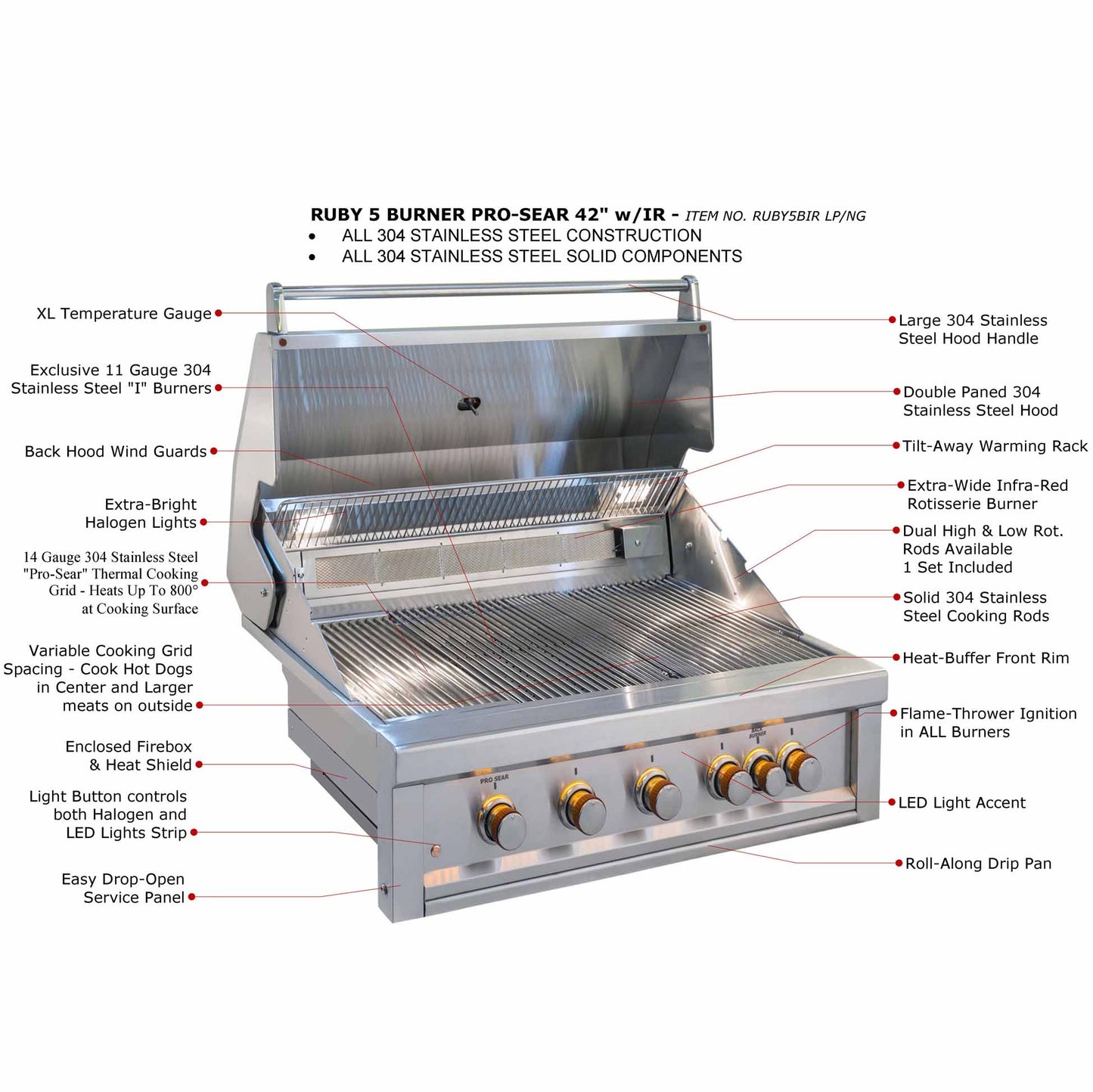 Sunstone Ruby Series 5 Burner Gas Grill with Infrared